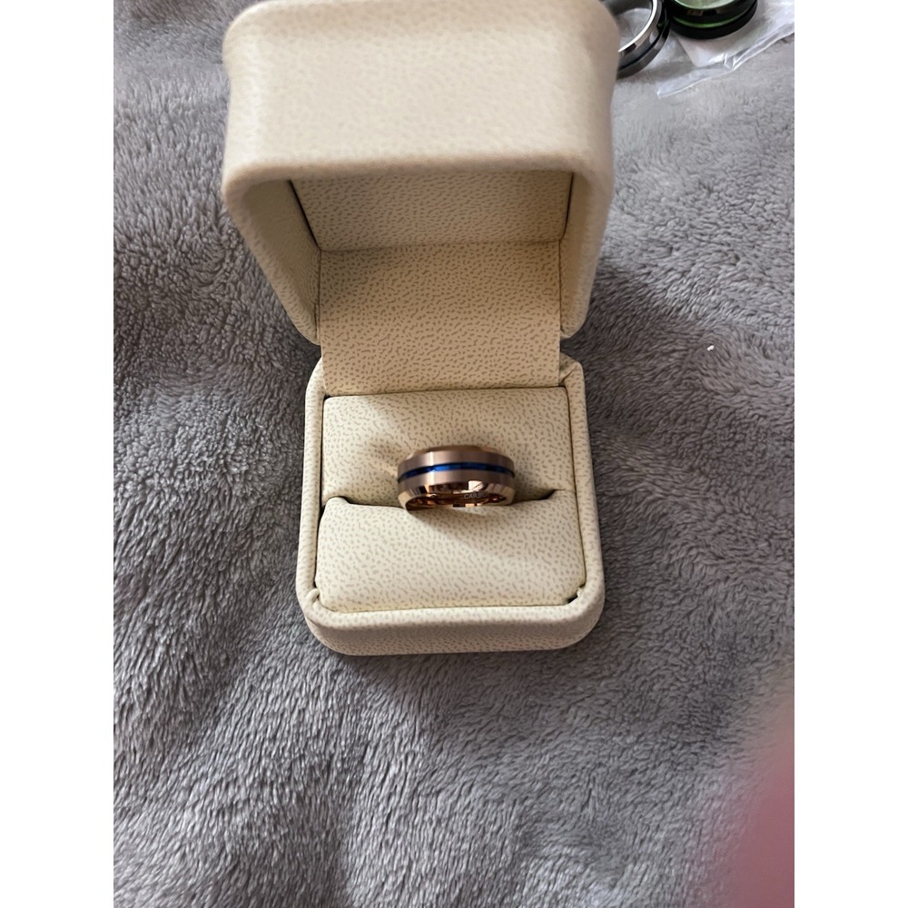 Tungsten Ring Men's Copper Metal With Blue Center Strip Size 6
